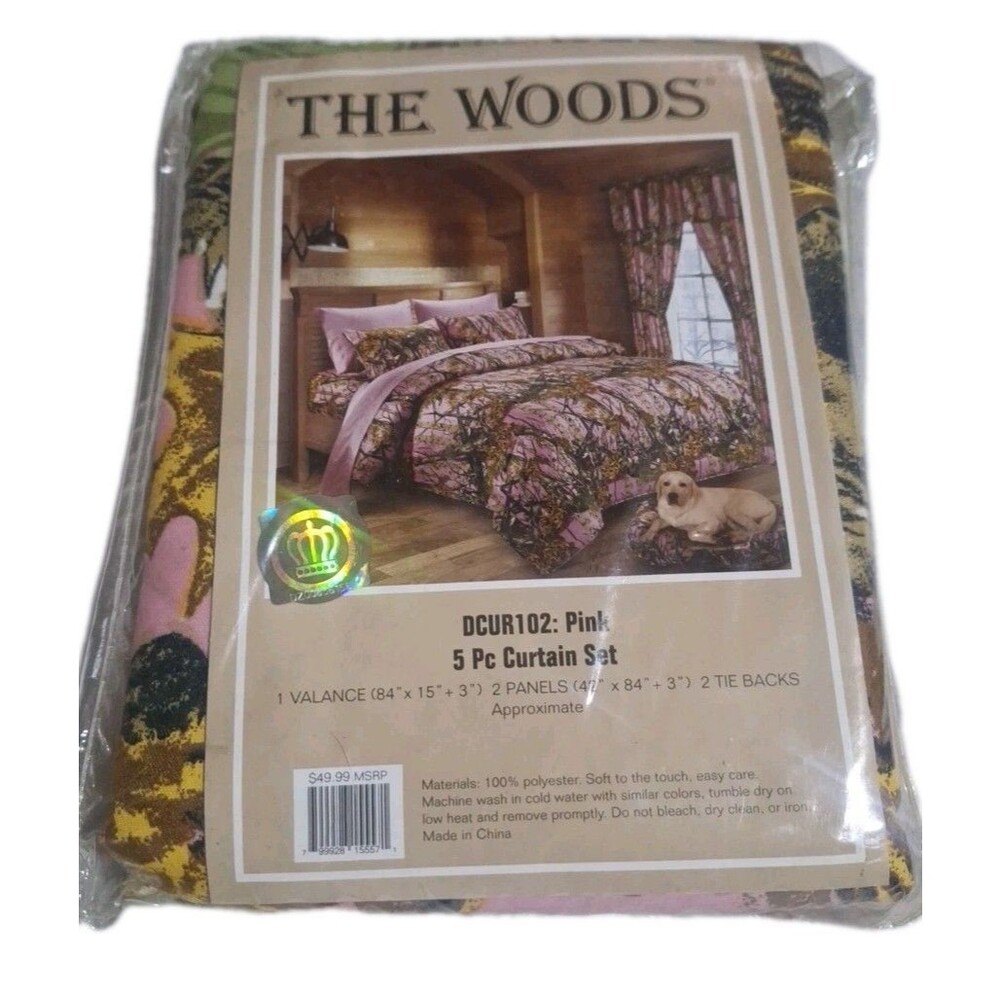 The Woods Pink Camo 5-Piece Curtain Set DCUR102 Valance Panels Tiebacks New